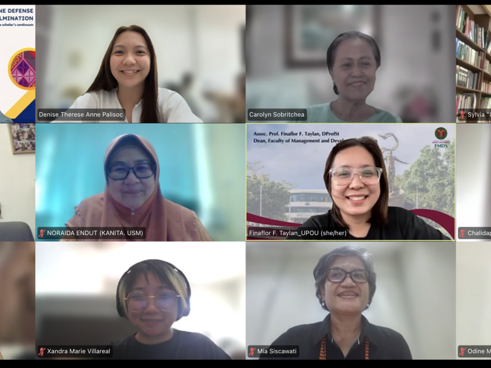 AAWS Council Meeting and Turnover (2023–2025) attendees: Council members (Dr. Finaflor F. Taylan, Dr. Odine De Guzman, Mala Khullar, Dr. Aileen Park- Proxy for Eun-Shil Kim, Dr. Chalidaporn Songsamphan - Proxy for Dr. Suwanna Satha-Anand, Dr. Mia Siscawati, Dr. Sylvia “Guy” Estrada Claudio, Dr. Noraida Endut, Dr. Maria Lourdes T. Jarabe, Dr. Carolyn Sobritchea, Dr. Kristi Elizabeth Poerwandari) and Office of Gender Concerns Staff (Denise Therese Anne A. Palisoc and Xandra Marie G. Villareal)